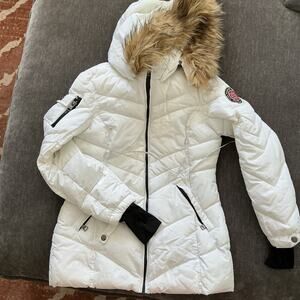 Madden Girl White Quilted Puffer Jacket with Faux Fur Hood Size XS